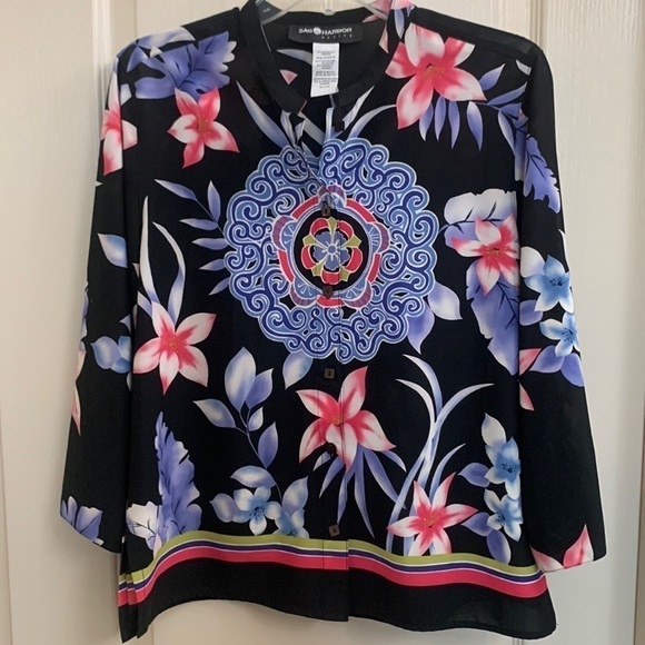 Sag Harbor Floral‎ Mandala Inspired Long Sleeve V Neck Blouse - Size SP - Picture 3 of 7